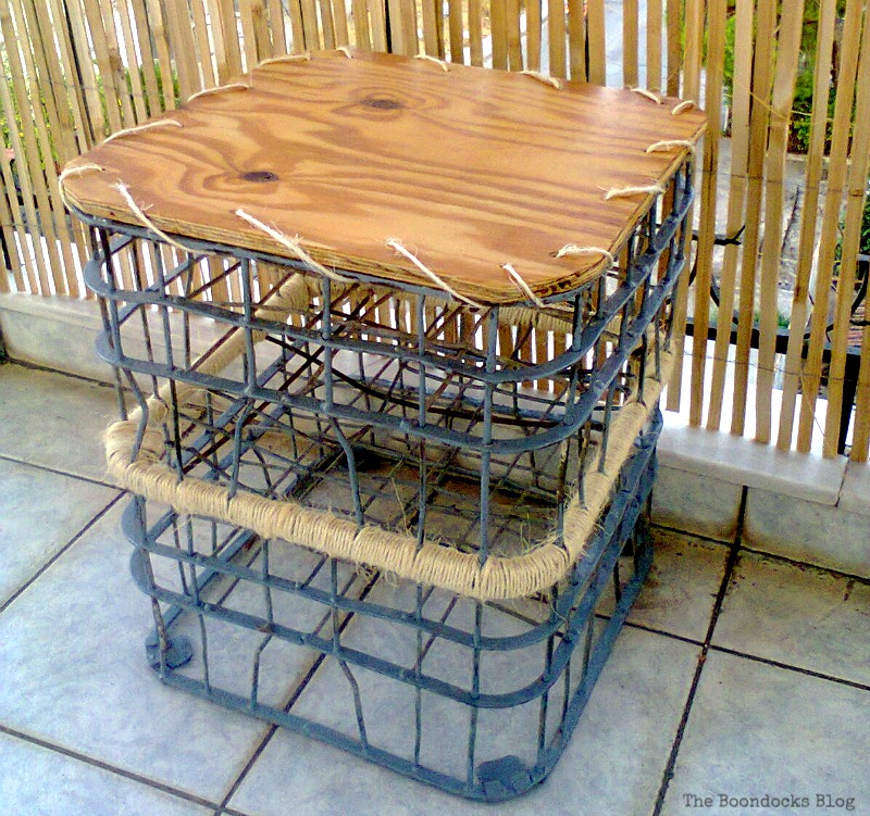 Attach the plywood using twine, Metal Milk Storage Crates www.theboondocksblog.com