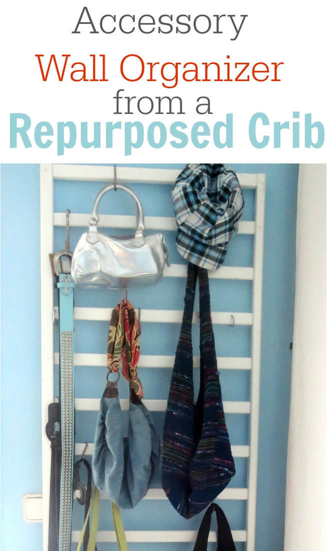 Using a repurposed crib rail to make a wall organizer for accessories in the bedroom, #wallorganizer #accessoryorganizer #wallhangingorganizer #repurposedcrib The Hanging Corner www.theboondocksblog.com