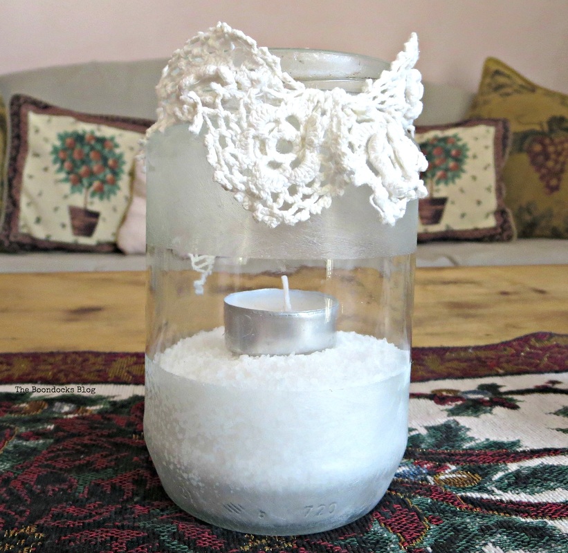 Tea light decorated with crystal ice spray and crochet lace, the snow spray that wasn't - the boondocks blog