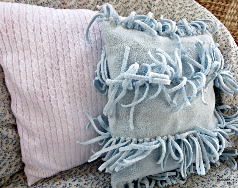 white vest pillow with fringed pillow, Sweater pillow the easy way - the boondocksblog.com