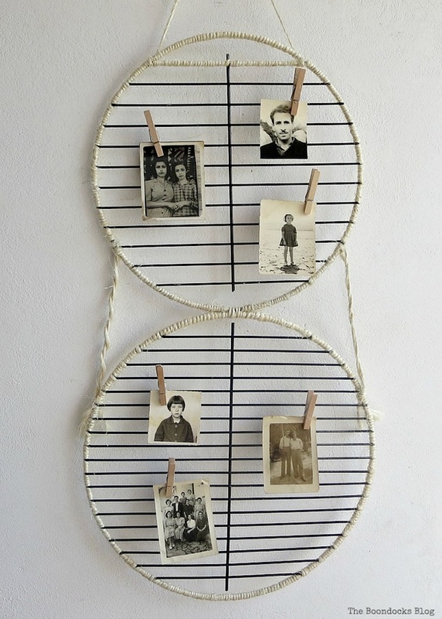 Barbecue grill rack repurposed into a photo display for Father's Day, #wallphotodisplay #photodisplay #farmhousestyle #fathersdaygift #giftidea #hangingwallidea #easycraft #simplecraft #Twine #repurposedgrillparts A Wall Photo Display for Father's Day www.theboondocksblog.com