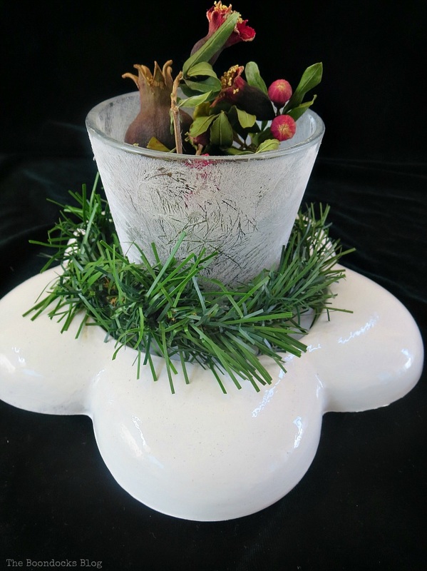 Frosty vase with pomegranate branches, Christmas in July - Repurposed Mirror into Vase Base www.theboondocksblog.com