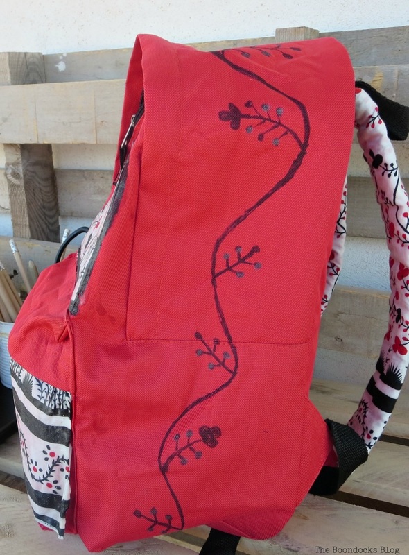 side view with metallic paint on flower design, School Bag Makeover, Int'l Bloggers Club Challenge www.theboondocksblog.com