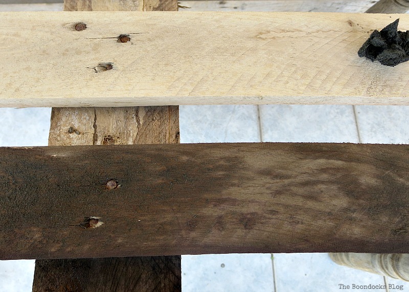 Applying the natural wood stain solution, The Drunken Table and a Fall Vignette www.theboondocksblog.com