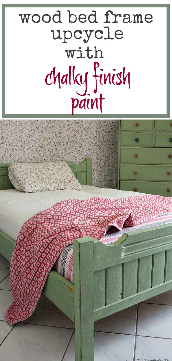 A bed frame painted with DecoArt chalky finish paint to match the Ikea dresser, #furnituremakeover #paintedfurniture #bedmakeover #woodenbed #chalkyfinishpaint #DIYproject #paintproject How to Makeover an Old Wooden Bed Frame www.theboondocksblog.com