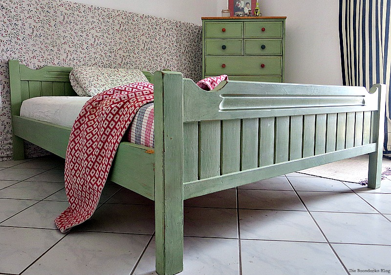 The whole bed in soft green color, How to Makeover an Old Wooden Bed Frame www.theboondocksblog.com