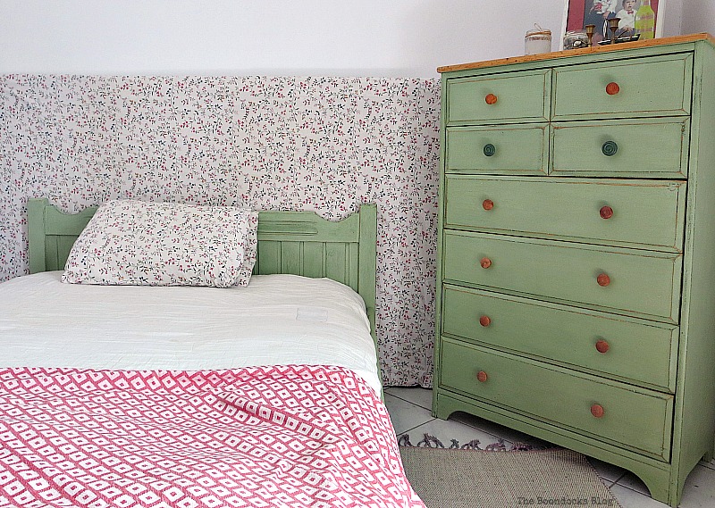 The finished bed next to the dresser, How to Makeover an Old Wooden Bed Frame www.theboondocksblog.com