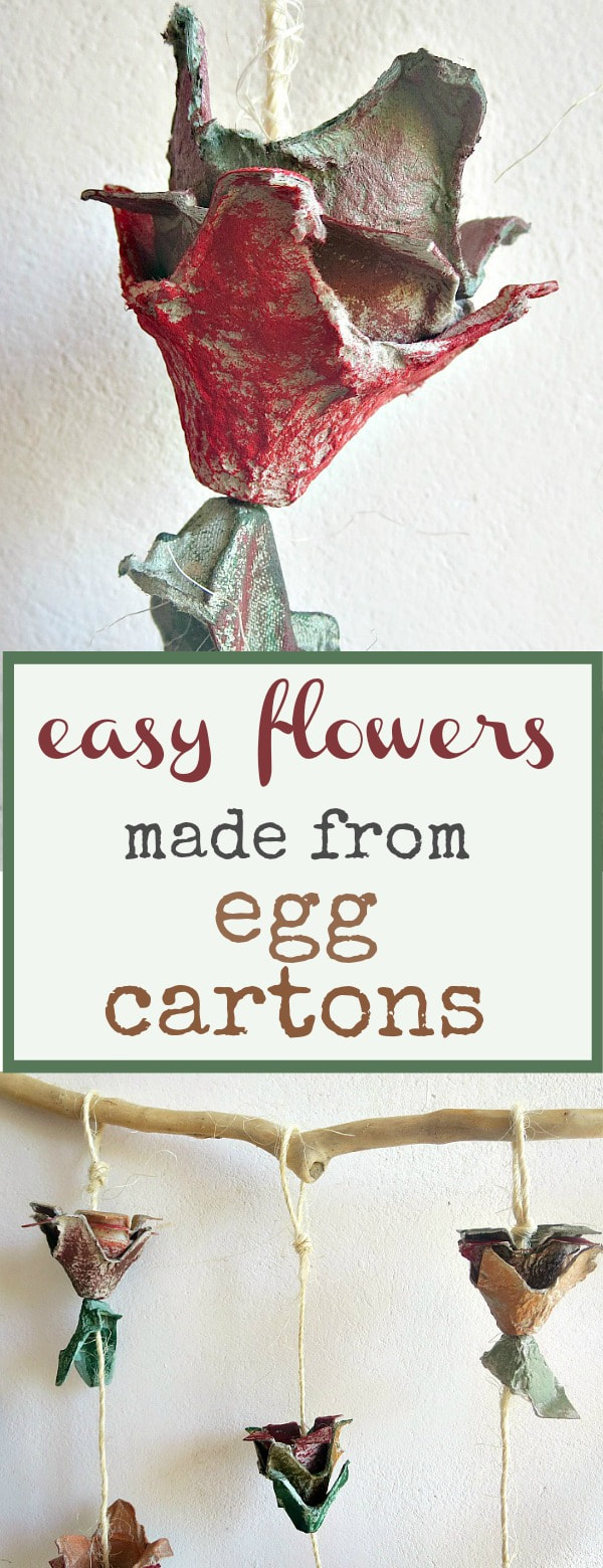 A collage showing a finished egg carton flower and it hanging as wall art.