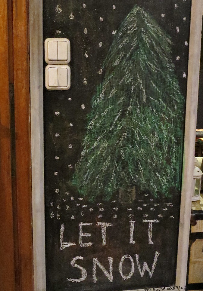Chalkboard wall with tree drawing, A Display for Christmas Cards and Ornaments www.theboondocksblog.com