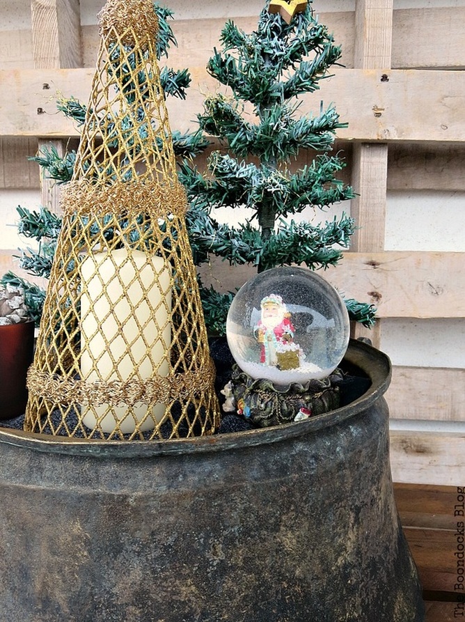 Trees with snow, A repurposed Antique Cauldron for Christmas theboondocksblog