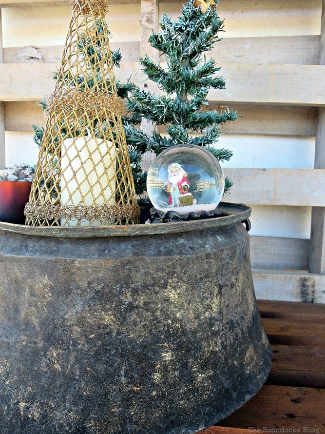 The shine of the antique cauldron with patina, A repurposed Antique Cauldron for Christmas theboondocksblog