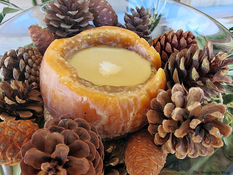 Candle in center of pinecones.