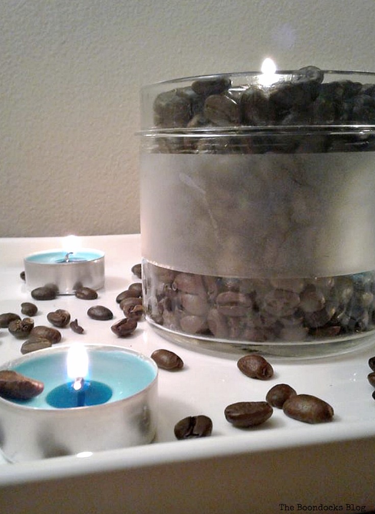 using beans with tealights to make a pretty candle centerpiece and to make the house smell yummy, Coffee with Tealights please www.theboondocksblog.com
