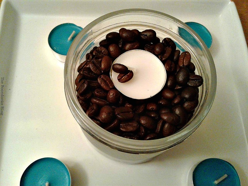 coffee beans added in container, Coffee with Tealights please www.theboondocksblog.com