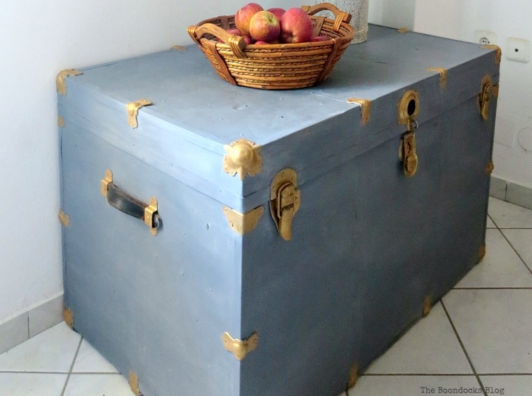 soft brushstrokes for a cloudy effect, How to Revive a Metal Trunk with Old Fashioned Milk Paint, www.theboondocksblog.com