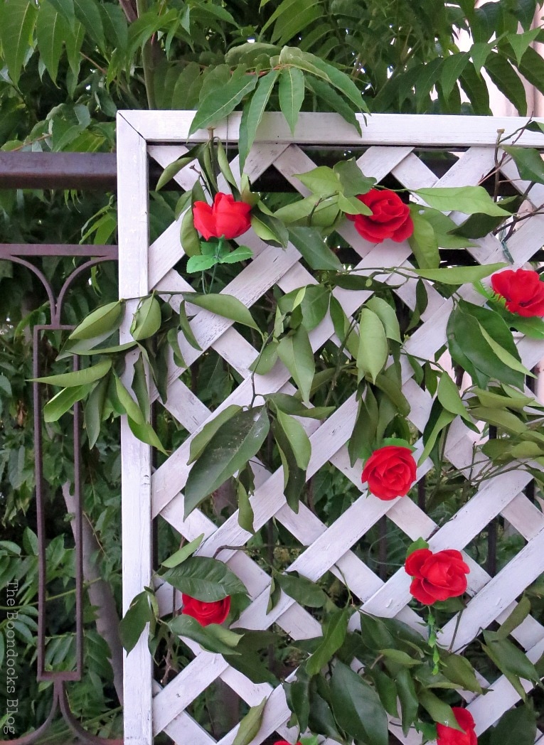 Corner view of lattice flower wall and greenery.