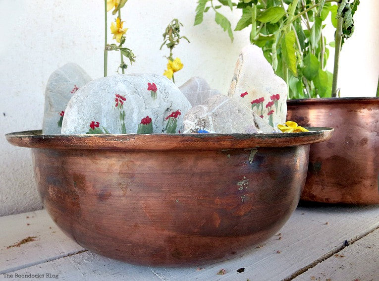 Rock garden in copper bowl.