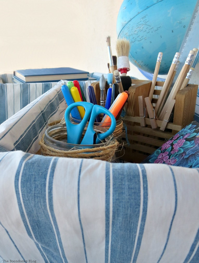 Close up of the school supplies inside the basket.