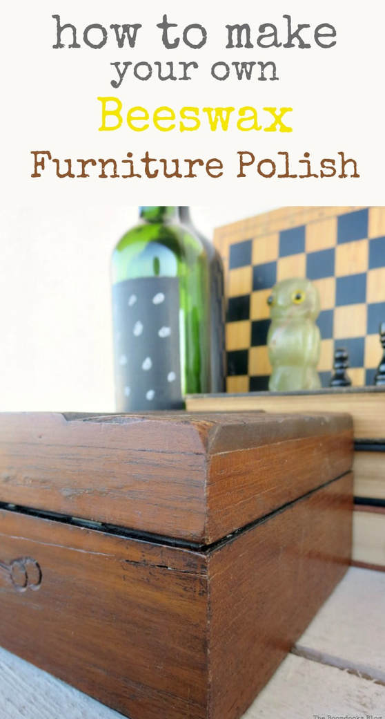 Close up of the polished wooden box with text overlay saying "how to make your own beeswax furniture polish"