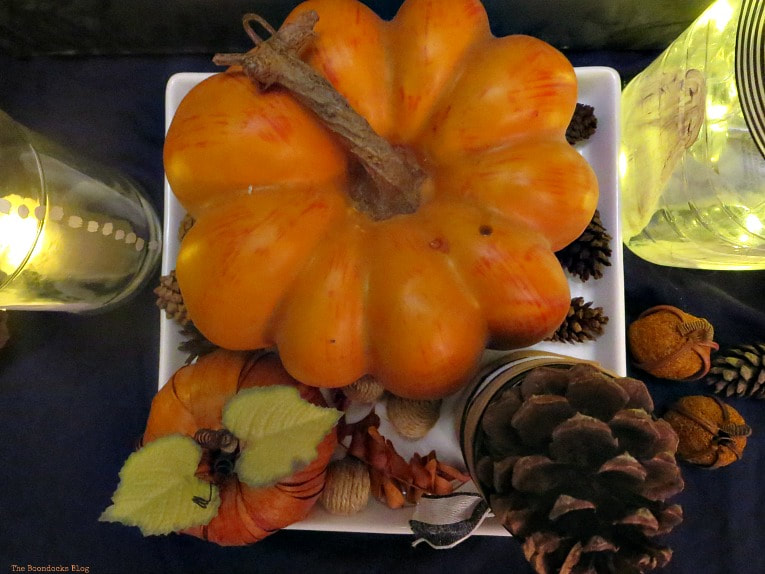 platter holding the pumpkins and pine cones, How to Make an Easy and Thrifty Halloween Vignette www.theboondocksblog.com