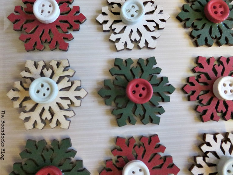 little gift tag embellishments with snowflake and buttons, How to Make Rustic Star Christmas Ornaments www.theboondocksblog.com