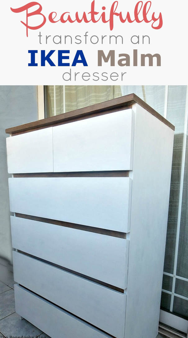 How to paint and up-cycle a black Ikea Malm dresser beautifully and transform it into a white and walnut farmhouse look, #paintedfurniture #furnitureupcycle #dressermakeover #ikeahack #Ikeamalmdresser #farmhousestyledresser #walnutstain How To Beautifully Transform an Ikea Malm Dresser www.theboondocksblog.com