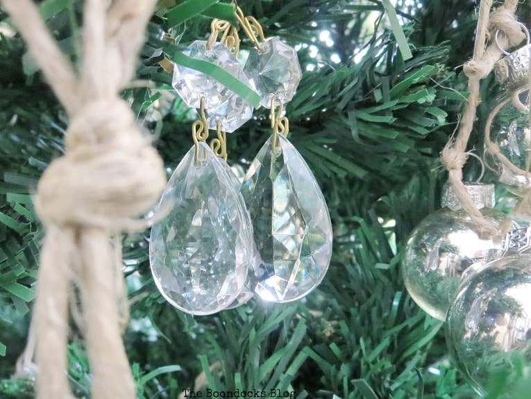 Chandelier crystals as ornaments, The Most Affordable Way to Decorate a Christmas Tree, www.theboondocksblog.com