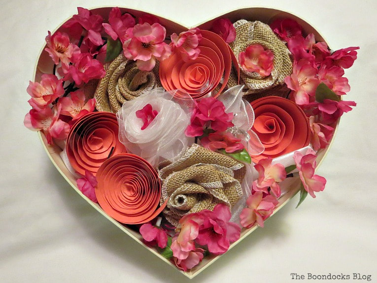 faux flowers placed into heart shaped box, A Heart Shaped Box for Valentine's Day Crafting www.theboondocksblog.com