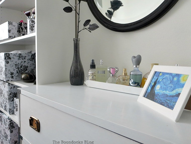 close up of campaign dresser, A Tour of the (mostly) black and white bedroom www.theboondocksblog.com