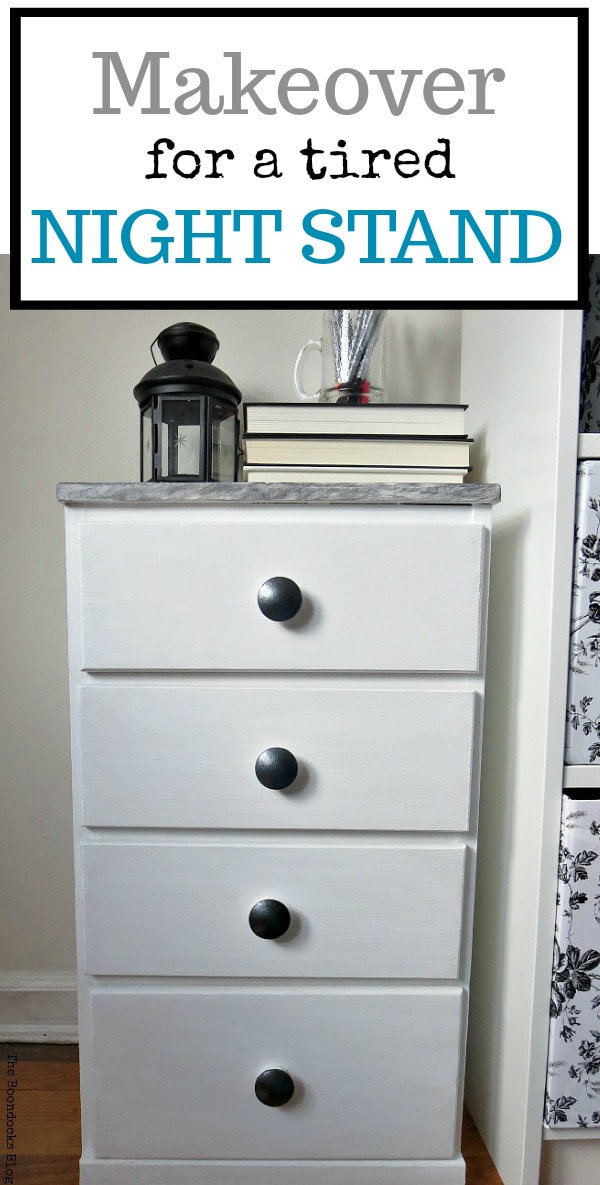 Finished nightstand makeover with paint, wood filler, metallic paint and contact paper and text overlay.