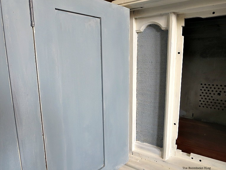 The inside of the doors and speakers. How to Revive a Vintage TV Cabinet www.theboondocksblog.com