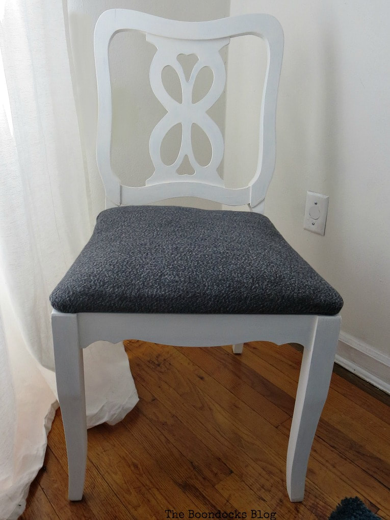 Finished Chair with white frame, #Chairmakeover #Upcycledchair #Chalkytypepaint #Uniquelookforchair #upcycledclothes How to Get Two Unique Makeovers from One Chair www.theboondocksblog.com