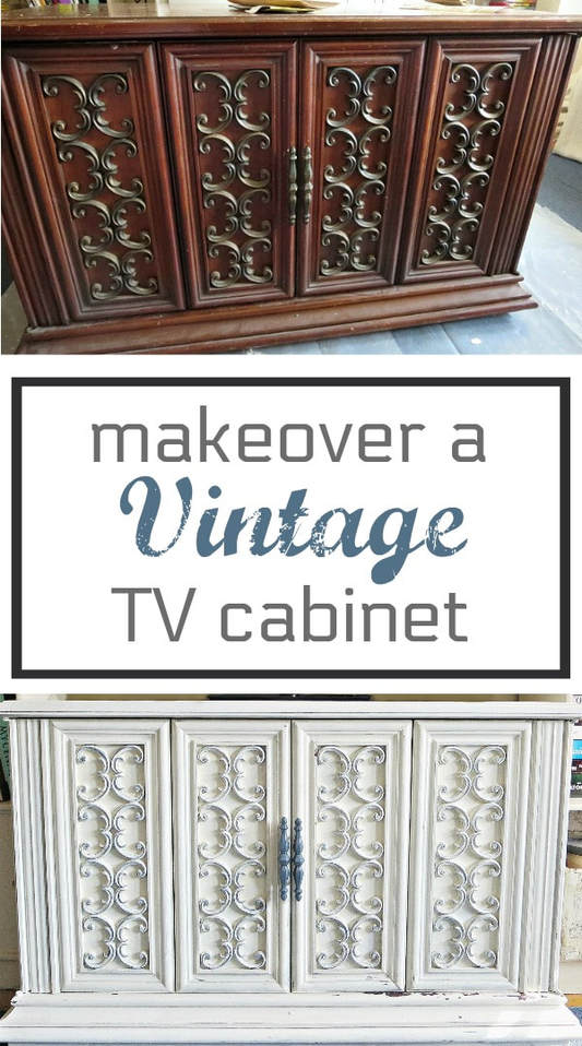 How to Makeover a Seventies Vintage TV Cabinet for storage, #furnituremakeover #Vintagefurniture #SeventiesTVCabinet #OldFashionedMilkPaint #TVCabinetasstorage #ScrollworkonTVCabinet How to Revive a Vintage TV Cabinet www.theboondocksblog.com