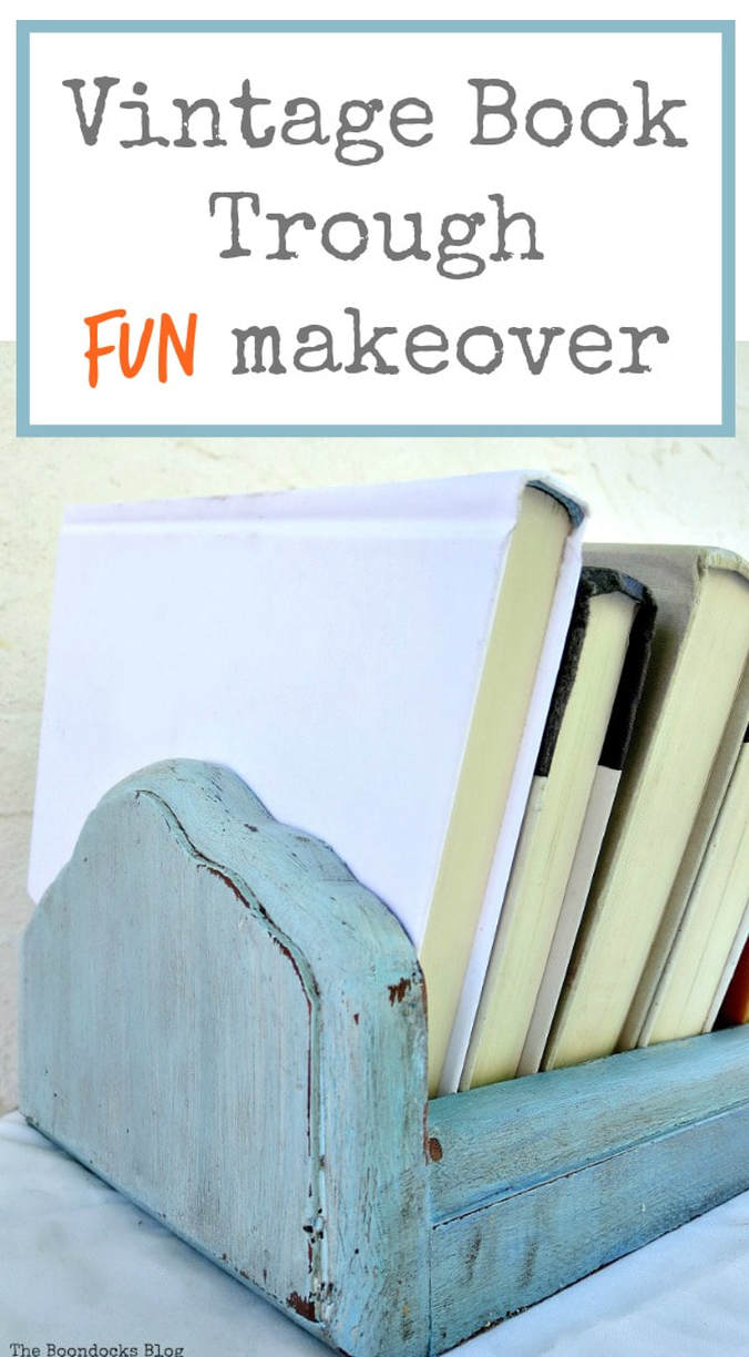 How to get a fun look for a Vintage book trough with paint and wax, #furnituremakeover #storage #booktrough #upcycle #bookstorage #Vintagebookshelf #vintagedeskcase #funcolor #decorativewax #chalkyfinishpaint What is a Vintage Book Trough and how to make it fun www.theboondocksblog.com
