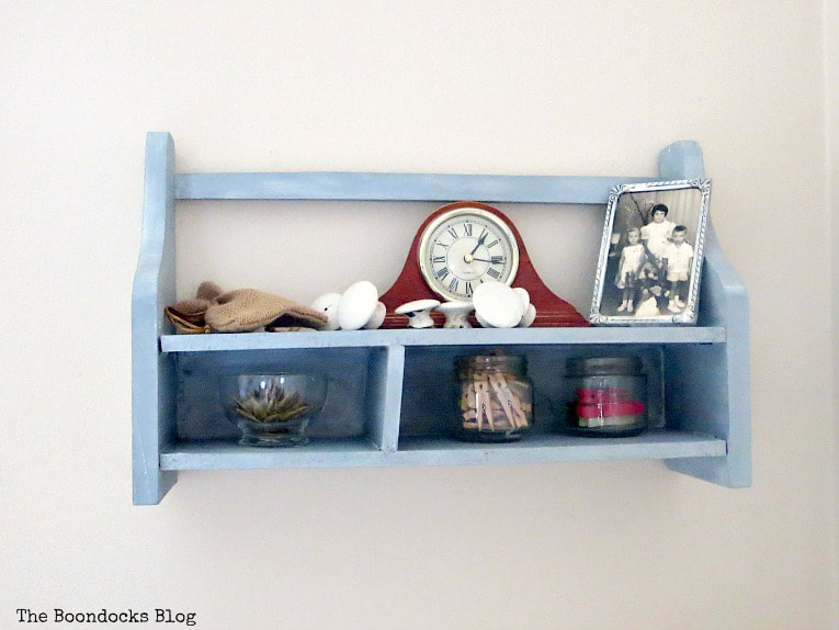 Wall mounted wood cubby shelf, #decorativewax #shineandshimmer #paintedwood #shelfmakeover #OFMP #DecoArtMedia #upcycle A Super Easy Way to Add Shimmer to a Shelf, theboondocksblog