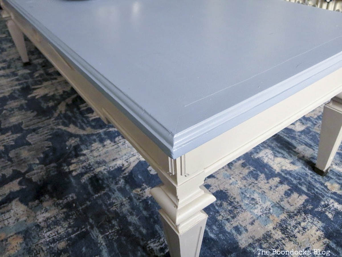 View of the blue surface of the painted coffee table along with a coordinating blue rug.