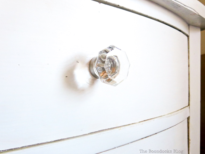 glass knob with nickel base, How to Make your Dresser Sparkle with Age www.theboondocksblog.com