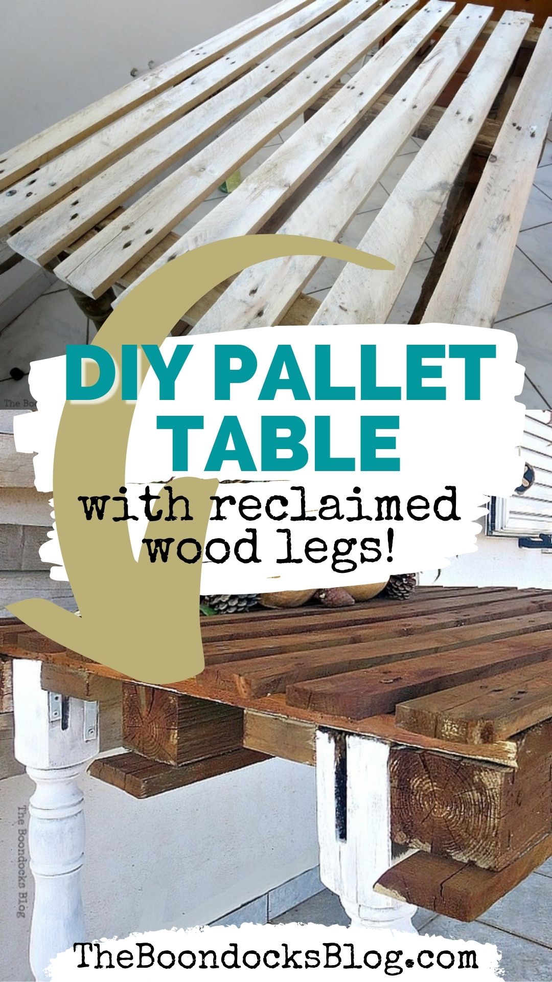 Collage of before and after images of a DIY pallet table.